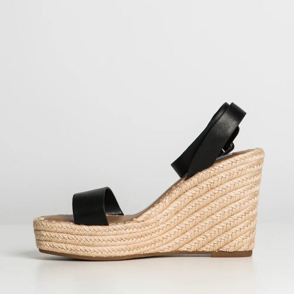 Steve Madden Upstage Black Leather Espedrille High Wedge Platform Sandal SIZE 7 - Picture 8 of 10